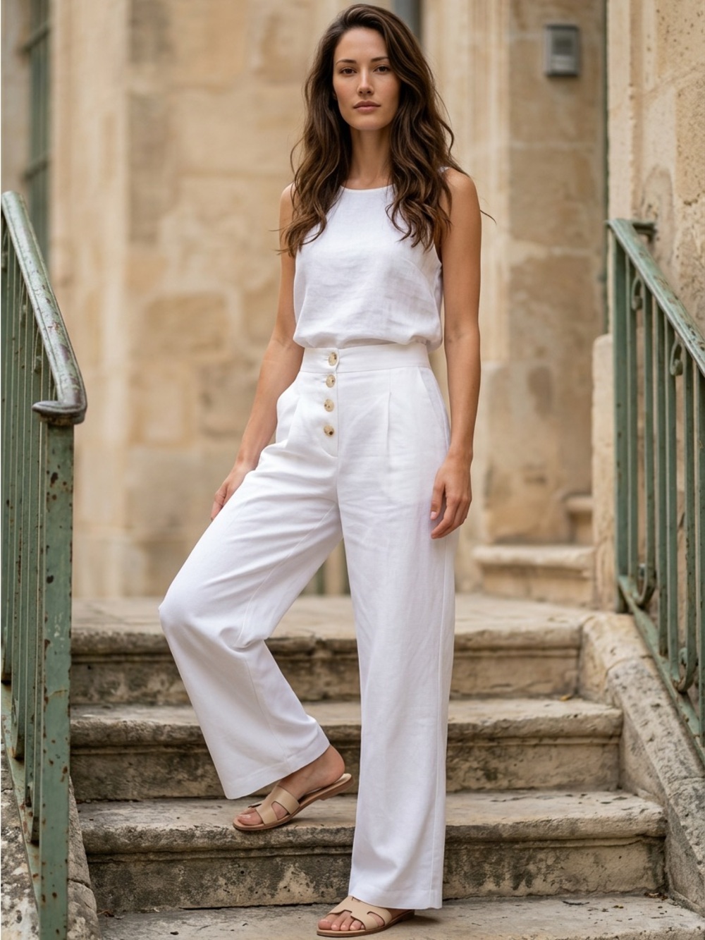 ANTONIO MELANI White High-Rise Wide-LegButton-Front Pants